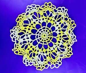 VTG Doily Crocheted Starburst Flower Yellow And White Handmade MCM 9.5" Granny